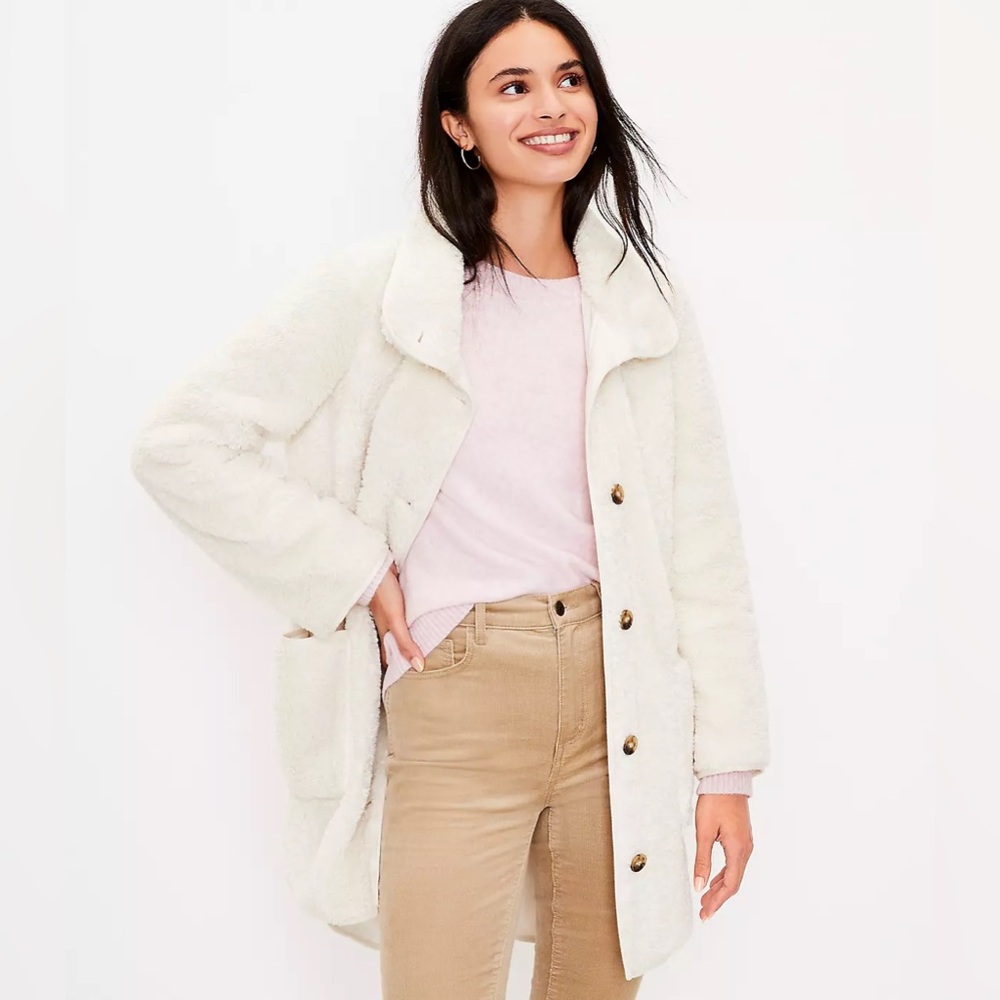 LOFT Ivory Sherpa Funnel Neck Coat